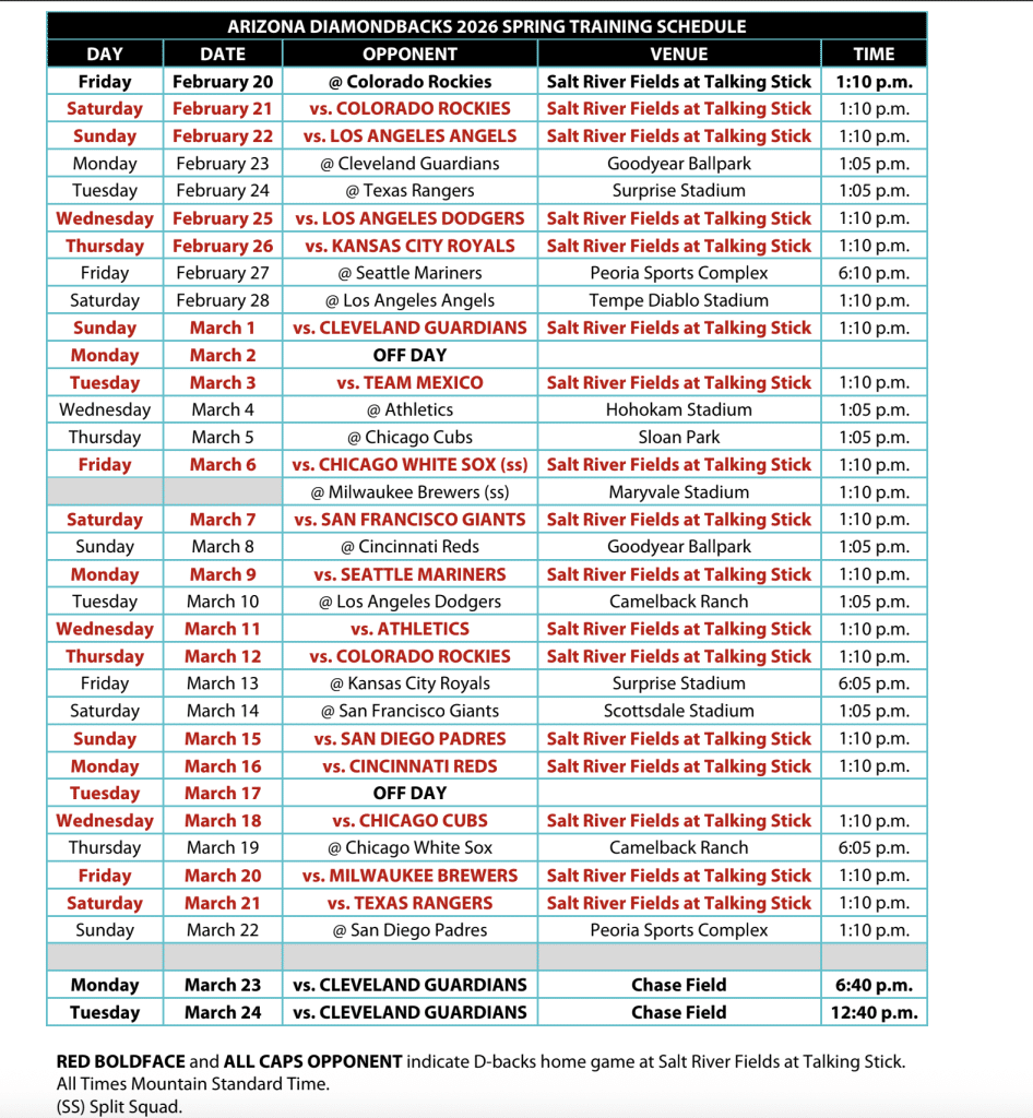 Diamondbacks 2027 Spring Training Schedule